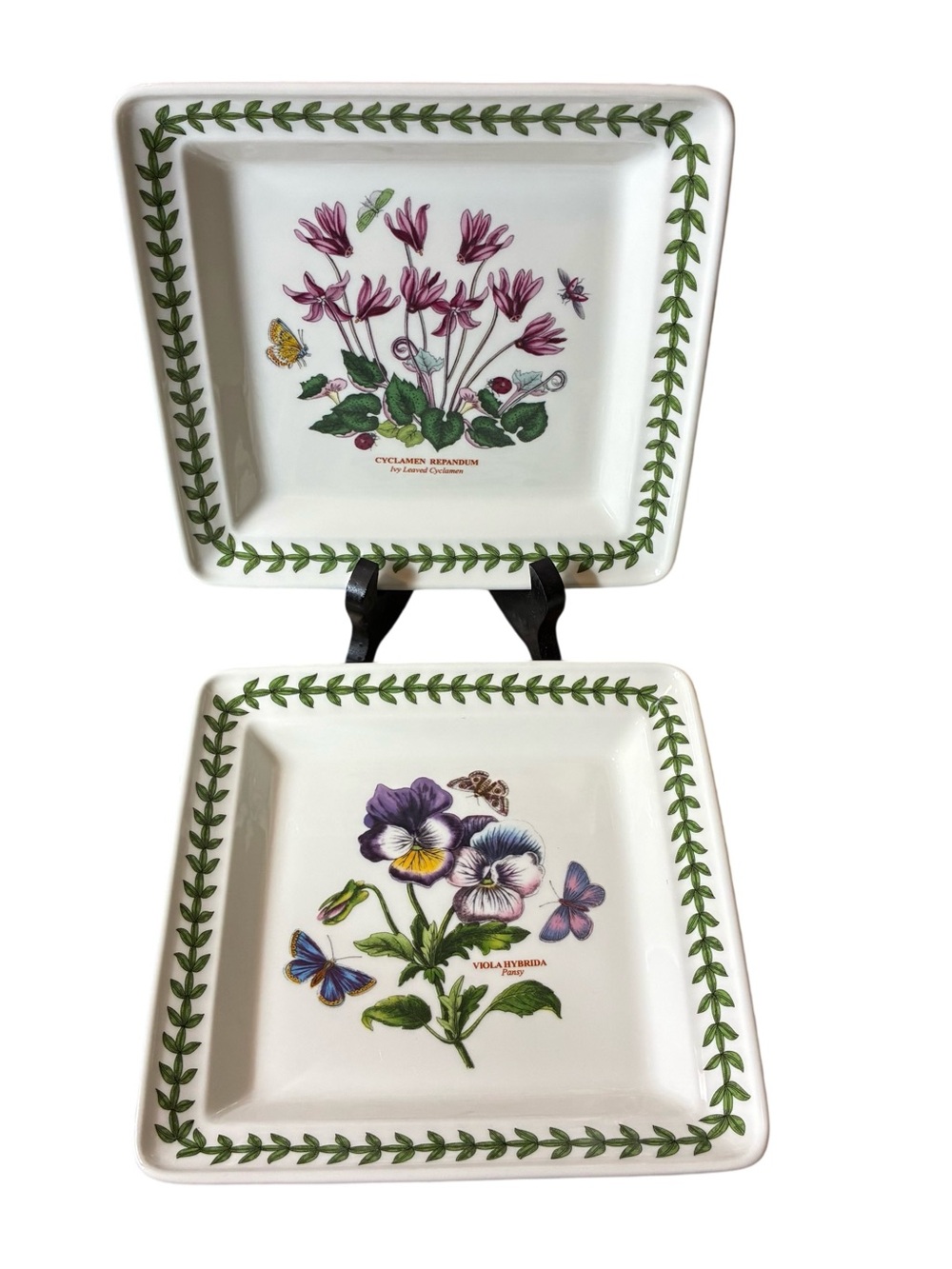Portmeirion Botanic Garden 7” Square Plates Cyclamen Pansy Set Of 2 Floral Motif
